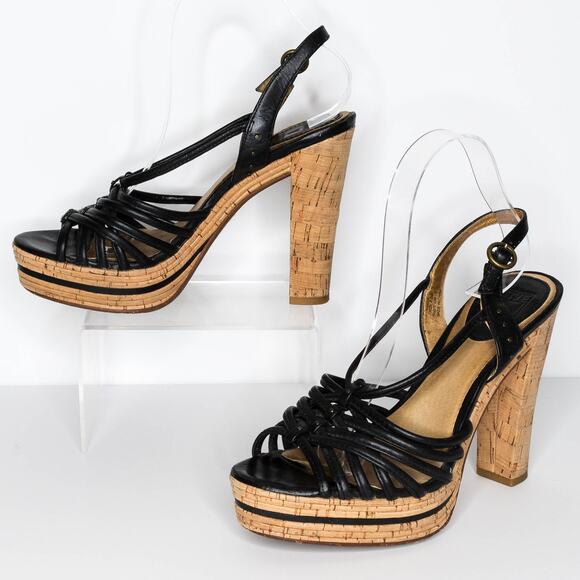 Frye Women's High Heels Strappy Cork READ Black Tan Size 8.5 M | AR - Picture 2 of 8